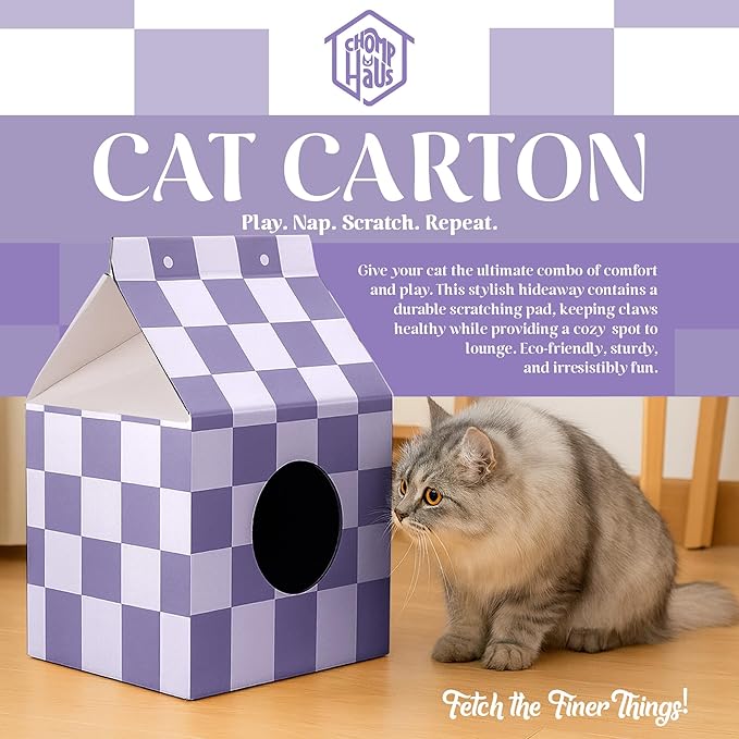 Cardboard Cat House with Scratch Pad – Durable Eco-Friendly Hideaway, Easy Assembly, Stylish Plum Checkered Design, Indoor Cat Furniture