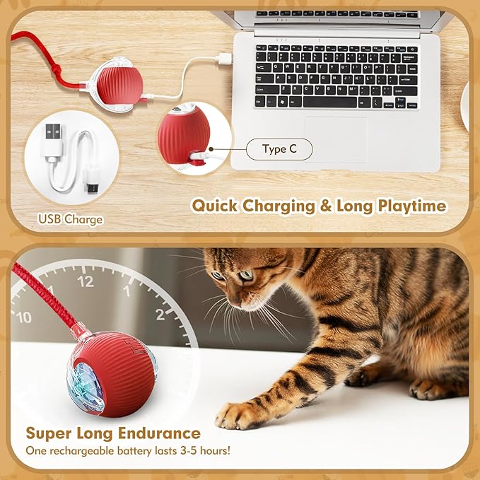 luseyfj Interactive Cat Ball Toys for Indoor Cats, Peppy Pet Ball, 2025 Upgraded Automatic Kitten Toy for Bored Indoor Adult Cat, 360°Smart Rolling Toy (Red)