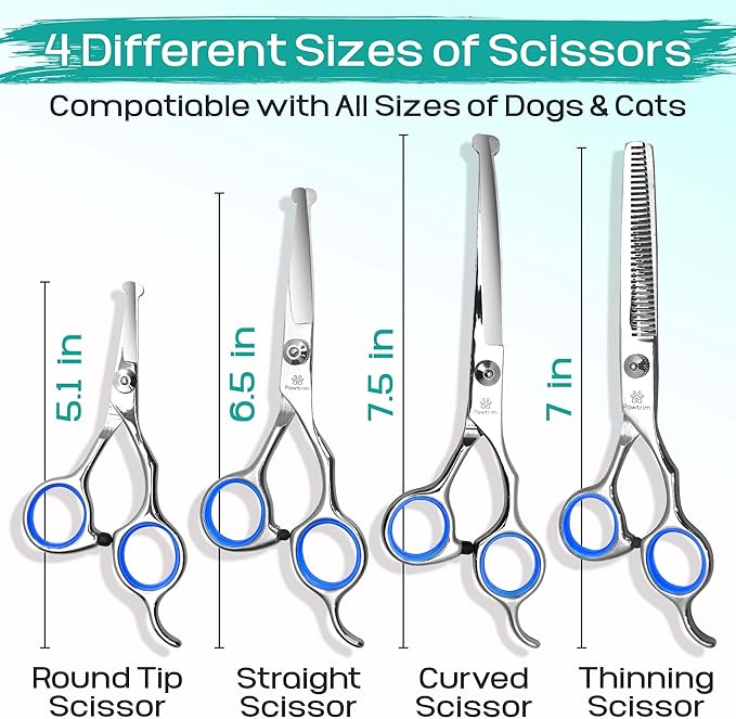 Professional Pet Grooming Kit – 6 in 1 Dog Grooming Scissors Kit - Dog & Cat Grooming Supplies - Adjustable Screw Scissors, 4CR Stainless Steel Dog Clippers, Hair Thinning Shears, Rubber Grips