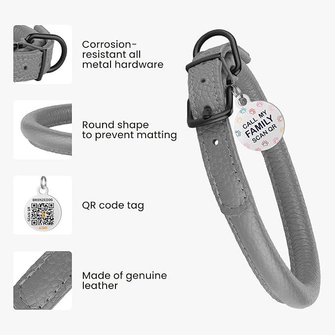 Rolled Leather Dog Collar Soft Round Collars, ID Tag for Small Medium Large Dogs (16-20 inch, Smoke Grey)