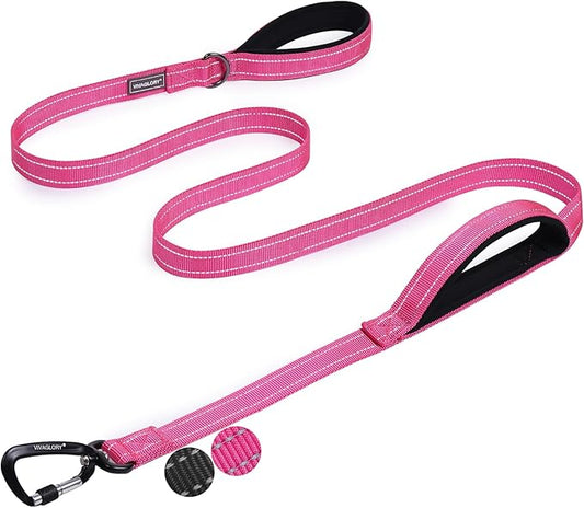 VIVAGLORY Dog Leash Lighthook Double Handle Dog Leash with Traffic Handle & Locking Carabiner for Walking & Training, Traffic Control Lightweight Carabiner for Puppy Pet, 6ft x 1in, Pink
