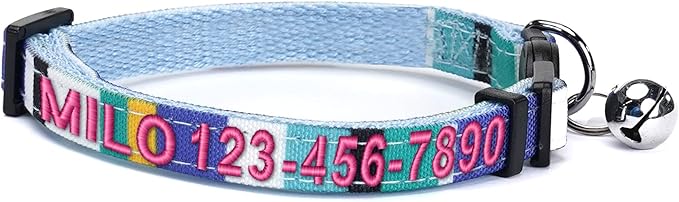 Pawtitas Personalized Cat Collar with Safety Buckle and Removable Bell - Multicolor, Adjustable, Customized Cat Collar - Blue/Teal/Yellow