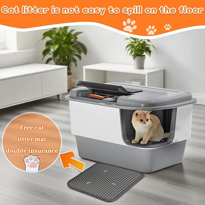 XXXL Litter Box with Lid, Extra Large 25.98" L*18.5" W*15.35" H Cat Litter Boxs, Jumbo Enclosed Removable Litter Box High Sides for Big Cats,with Cat Litter Scoop, Leak-Proof, Easy to Clean（Gray）