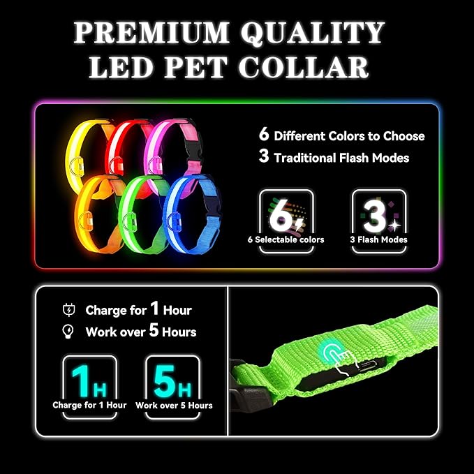LED Light Up Dog Collar Rechargeable Waterproof, Glow in Dark Dog Collar, Lighted Dog Collars for Night Walking Charging USB, Safety for Small Medium Large Dogs (M, Green)