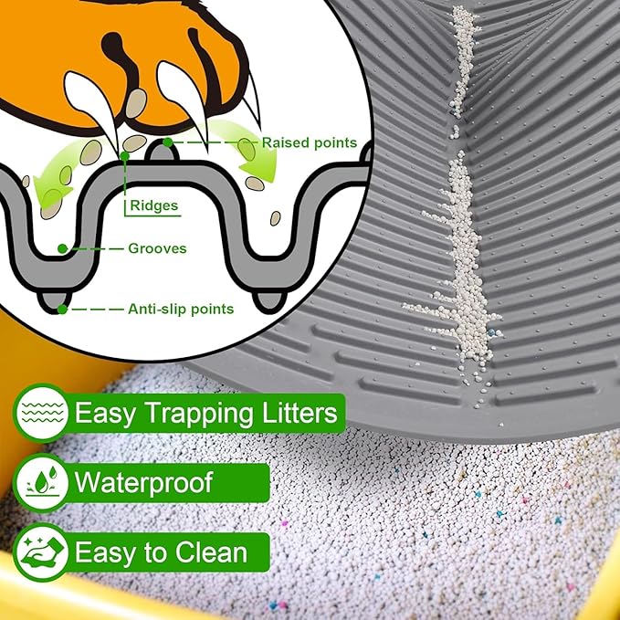 Gosmol Waterproof Cat Litter Mat, XL 28" x 20" Silicone Cat Mat for Litter Box, Large Trapping Mat with Deep Grooves, Easy Clean Non-Slip Pet Mats for Hooded/Self-Cleaning Litter Boxes - Grey