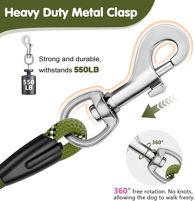 Dog Leashes for Large Dogs Heavy Duty 4/5/6ft-Green XiaZ 2 Handles Dog Leash 1000lb Strength Reflective PVC Waterproof-Handles Metal Hook Dual-Handle for Medium Large Sized Training Nighttime Safety