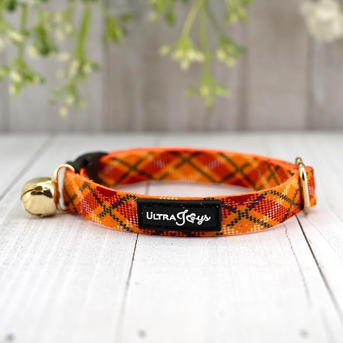 Ultra Joys Breakaway Cat Collar Kitten Collar with Bandana - Orange Plaid Large