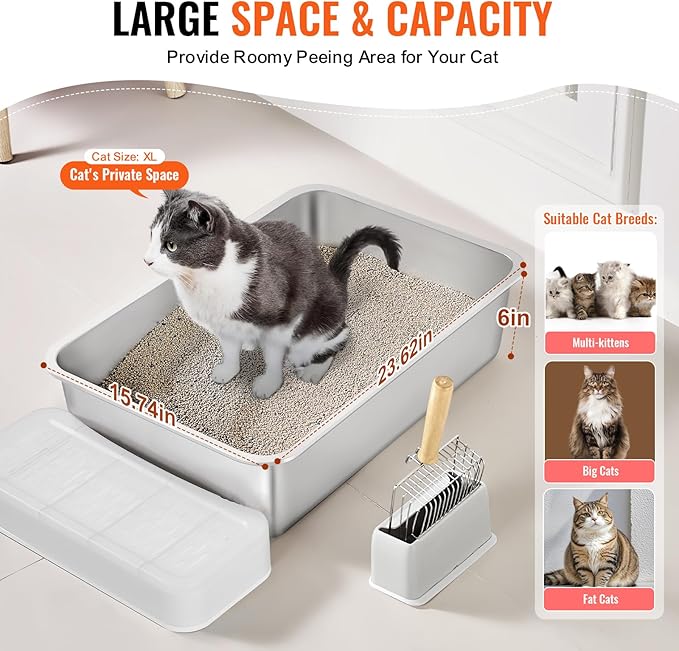 VEVOR 6'' Deep Stainless Steel Cat Litter Box,2 Pack XL Extra Large Metal Cat Litter Box for Big Cats,Non Sticky,Odor-Free &Easy-to-Clean,Include Filtering Foot Board & Scoop