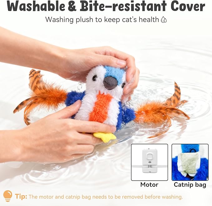Cat Toys Rechargeable, Multi Functions Flapping Bird Parrot, Lifelike 4 Animal Sounds, Touch/Timed Automatic Activate Interactive Exercise Kicker Kitten Toys for Indoor All Breeds with Catnip