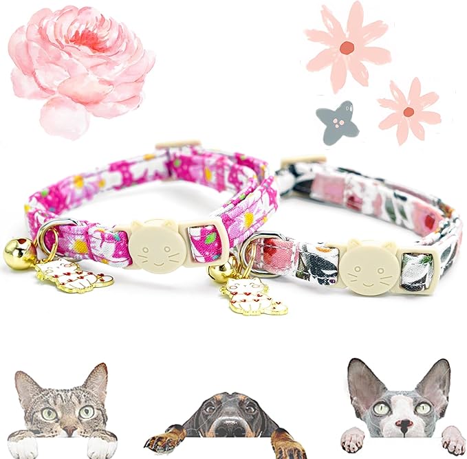 Elegant little tail 2 Pack Cat Collar-Pink Floral Print Cotton Breakaway Cat Collars with Bell Pendant Kitten Safety Adjustable Collar for Small Cats Puppy