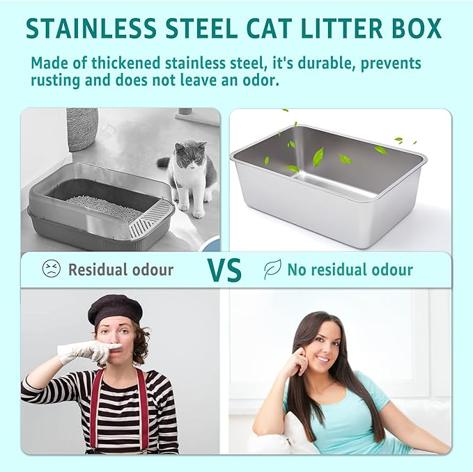 Stainless Steel Cat Litter Box Small,Cat Litter Box for Kitty/Rabbits Easy to Clean,Metal LitterBox for Kitty/Kitten or Bath Pan,Non Stick, No Smell,15.5" L x 11.7" W x 4" H