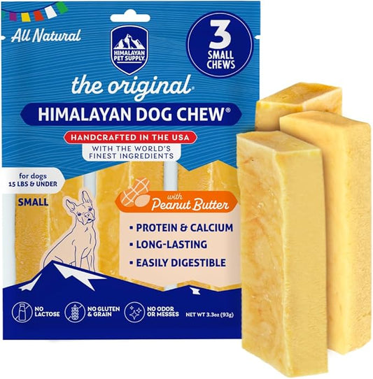 Himalayan Chew Original Yak Cheese Chew, Peanut Butter, 3 Small Sticks, 3.3 Oz, Gluten Free, Healthy Treats, Grain & Lactose Free 100% Natural, Long Lasting Chews for s Under 15 lbs