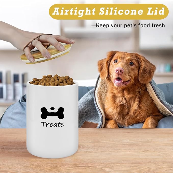 Dog Treat Container Airtight - 5 Inch Wide x 7.5 Inch White Ceramic Dog Treat Jar for Kitchen Counter, Doggie Cookie Jar with Airtight Bamboo Lid - Farmhouse Style Dog Food Storage Container