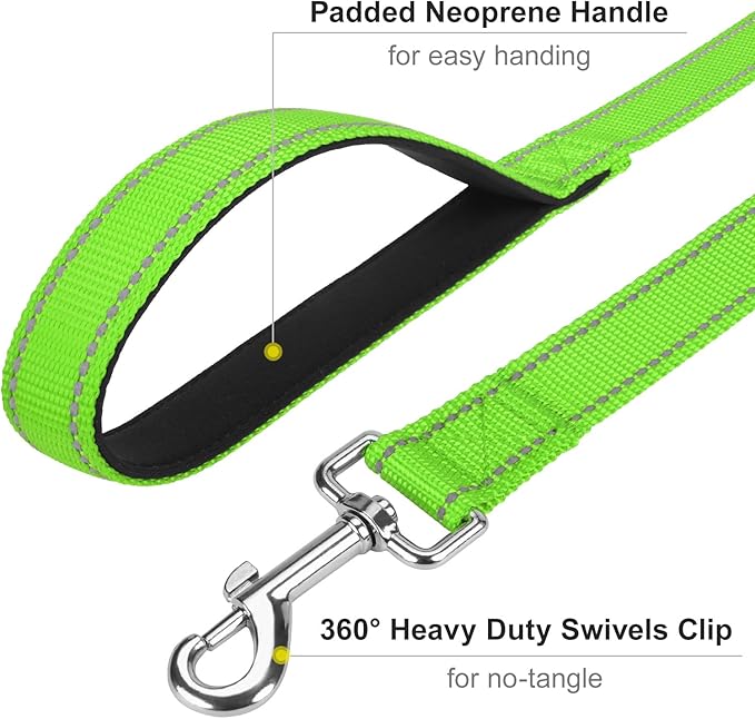 6FT Reflective Nylon Dog Leash with Soft Padded Handle for Walking, Running and Training, Supports Small Medium and Large Dogs (Green, 1 Inch Wide)
