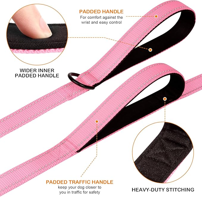Joytale Dog Leash Heavy Duty for Large Dogs That Pull, Double Handle for Traffic Control, Double-Sided Reflective Leashes for Large Medium Dogs Night Safety, 6FT, Pink