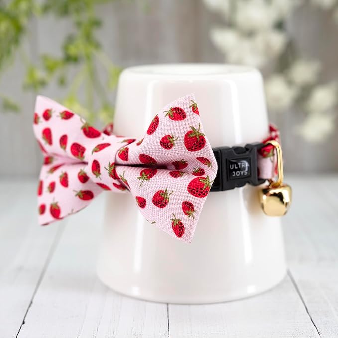 Ultra Joys Cat Collar with Bells - Breakaway for Cats, Boy & Girl Cat Collars Kitten Collar with Bell - Break Away Collar for Cats - Breakaway Cat Collar with Bowtie Strawberry Large