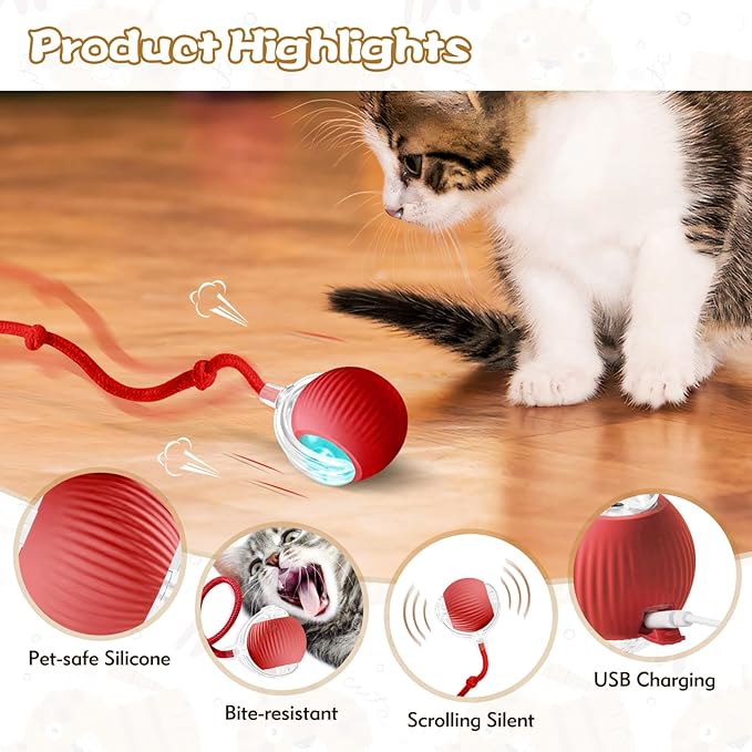 luseyfj Interactive Cat Ball Toys for Indoor Cats, Peppy Pet Ball, 2025 Upgraded Automatic Kitten Toy for Bored Indoor Adult Cat, 360°Smart Rolling Toy (Red)