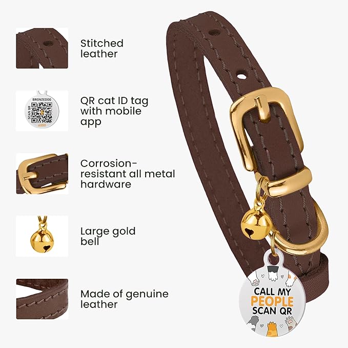 BRONZEDOG Leather Cat Collar with Removable Bells Non Breakaway Kitten QR Tag for Girl Boy (7" - 9" for Cats, Dark Brown & Gold)