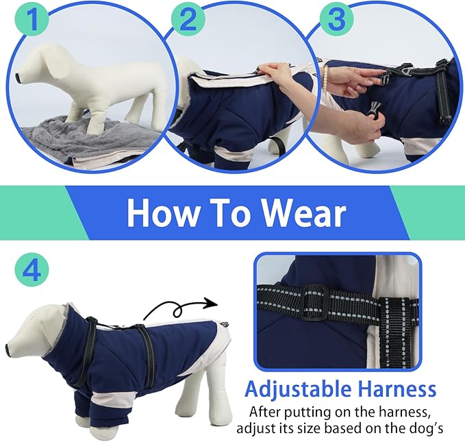 MIGOHI Dog Coat with Harness Built in, 2-in-1 Water-Resistant Dog Jacket, Reflective Snowsuit for Large Dogs, Fleece Lined with Turtleneck, Adjustable Buckle Coats, Border Collies, Navy Blue, XL