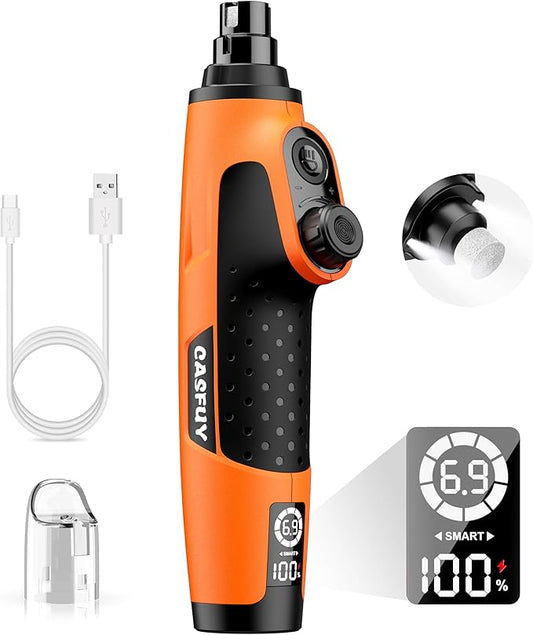 Casfuy Smart 6-Speed Dog Nail Grinder - 50% More Power Pet Nail Grinder with 2 LED Lights Quiet Rechargeable Electric Dog Nail Trimmers File Toenail Grinder for Large Medium Small Dogs & Cats(Orange)