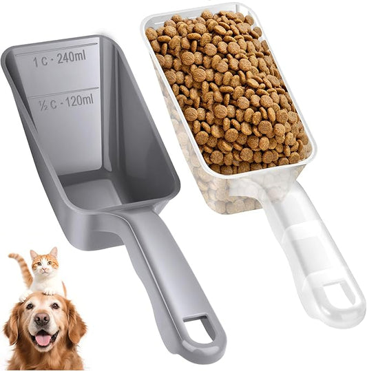 2-Pack Dog Food Scoop 1 Cup, Plastic Pet Food Measuring Scoop With Measuring Lines (1/2 & 1 Cup Markings) for Dogs, Cats, Fish, Bird（Transparent and Grey
