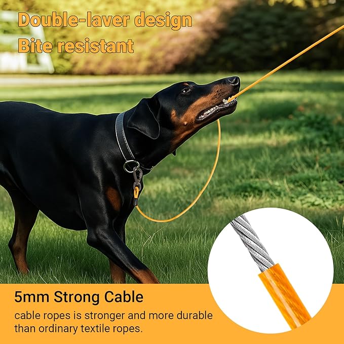 Heavy-Duty Dog Tie-Out Cable Runner System for Yard & Camping, 50/100/120ft with 10/15ft Pulley Line, Supports Dogs Up to 250lbs (Orange, 50FT)