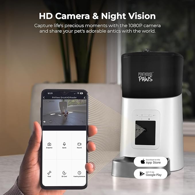 Smart HD Automatic Cat Feeder with 1080P Camera & Night Vision, 2-Way Audio, WiFi App Control, Anti-Jam 6L Cat Feeder with Backup Power, Easy to Clean, Up to 15 Meals for Cat & Dog, White Stainless