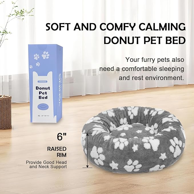Donut Dog Beds for Small Dogs, Calming Round Cat Beds for Indoor Cats, Cute 3D Textured Paw Pet Bed with Removable Washable Cover and Anti-Slip Bottom（Grey，20"）