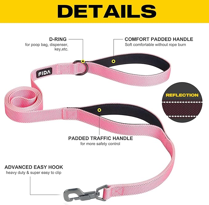 Fida 6 FT Heavy Duty Dog Leash with 2 Comfortable Padded Handles, Traffic Handle & Advanced Easy Snap Hook, Reflective Walking Lead for Large, Medium & Small Breed, Pink