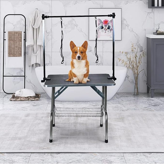 SoarFlash Pet Dog Grooming Table Foldable,Heavy Duty Foldable Pet Grooming Table with Arm & Noose & Mesh Tray, Maximum Capacity Up to 330lbs, 42inch, Black