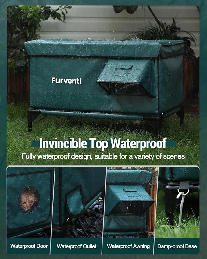 Heated Cat House for Outside,Dual Camera Mounts,100% Weatherproof & Extremely Insulated,Elevated Feral Cat Shelter with Escape Door,Waterproof Eaves for Outdoor Stray Barn Cat(Dark Green, XL)