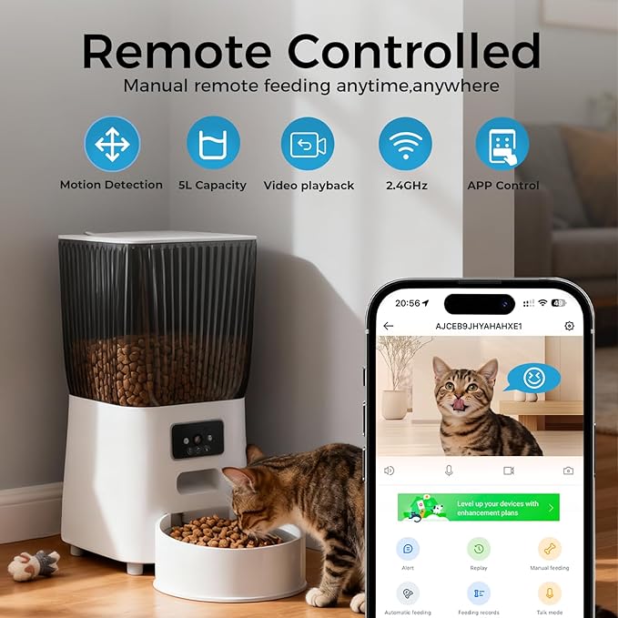 Automatic Cat Feeder with Camera, 5L Smart Dog Food Dispenser with App Control, 1080P Night Vision, Two-Way Audio. 22 Cups Large Hopper, Motion Detection, Timer (5L Double Bowl)