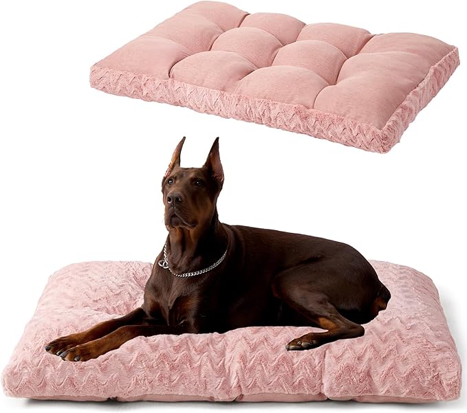 EHEYCIGA Reversible Dog Crate Bed Washable, Comfort Fluffy Plush Dog Kennel Pad for Gaint Dogs, Deluxe Machine Washable XXL Pet Sleeping Mats, 47" x 29"x 4", Pink