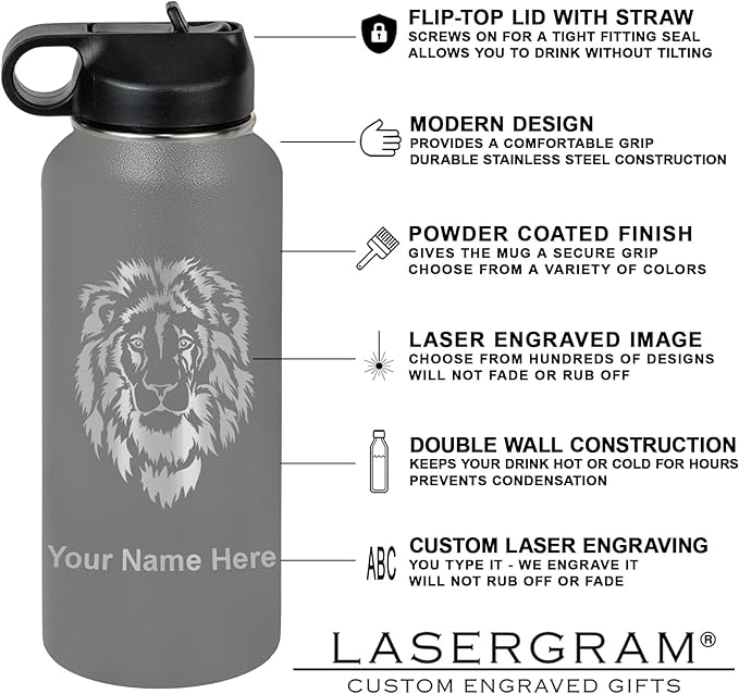 LaserGram Personalized Water Bottle, Dragon, Stainless Steel Double Wall Vacuum Insulated with Flip Top Straw, Custom Engraved Gift (32oz / 950ml Gray)