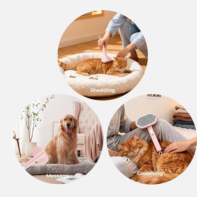Pet Grooming Brush for Cats and Dogs, Self-Cleaning Comb with Soft Massage Bristles, Comfortable Grip Handle, Easy Hair Removal, Suitable for Long and Short Hair Pets, Pink