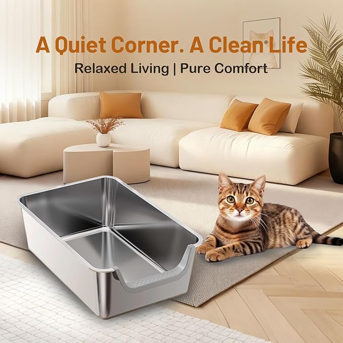 XL Stainless Steel Cat Litter Box, Leak Proof 7.9 Inch High Sides Metal Litter Pan Tray, No Stick No Slip Easy Clean Low Entry Litter Boxes for Older Senior Big Cats, Kittens, 23.6"×15.7", Silver