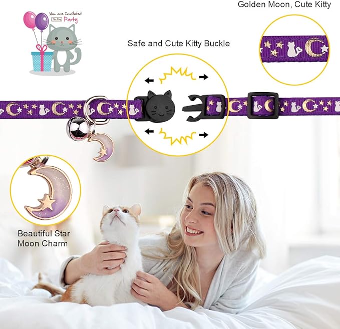 2PCS Breakaway Cat Collars with Bell Moons Stars Cute Kitty Adjustable Safe Kitten Collars with Pendant Glow in The Dark(Purple&Pink)