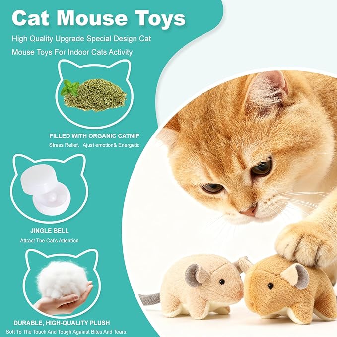 Plush Catnip Mice Toys with Rattle Sound - 2 Pcs Interactive Cat Toys for Indoor Cats, Durable Stress Relief Eco-Friendly Small Mouse Chew Playthings（with Catnip Bag）