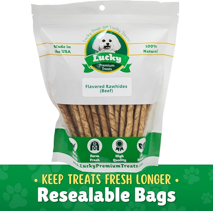 Lucky Premium Treats Beef Basted Rawhide – All-Natural Rawhide and Beef Dog Treats for Small Dogs, Gluten Free Premium Small Dog Treats (200 Chews)
