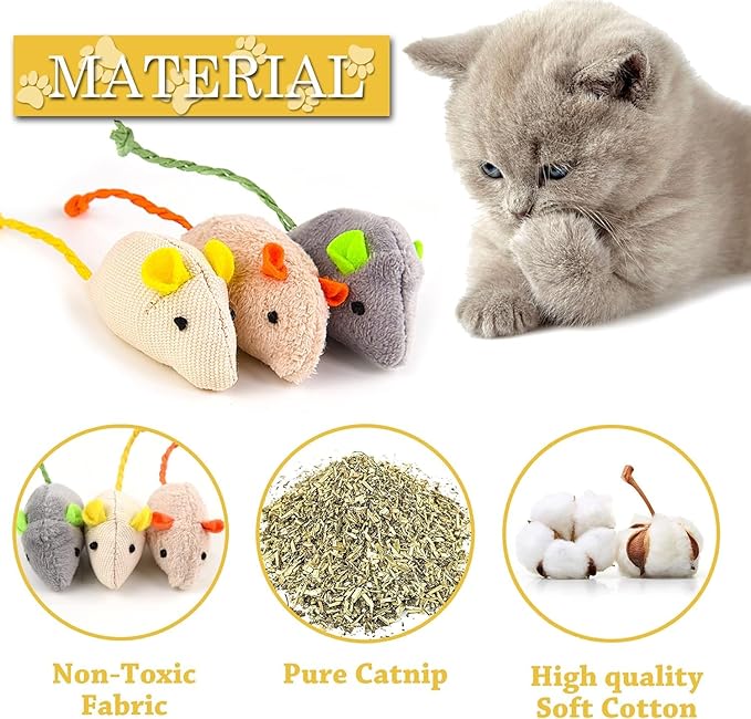 10 Pack Cat Mouse Toy With Fur, Feather, and Rattle Sounds - Interactive Catnip Mice for Chasing, Hunting, Exercising - Kitten Chewing and Teeth Cleaning Toys (Color Random)