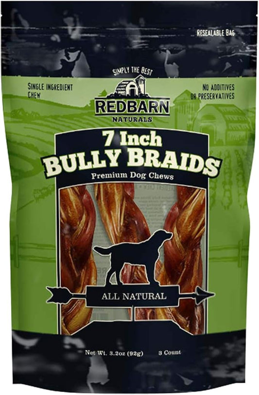Redbarn Pet Products 7" Braided Bully Sticks for Dogs - Natural, Grain-Free, Highly Palatable, Long-Lasting Dental Chews Sourced from Free-Range, Grass-Fed Cattle, 3-Count, Pack of 12
