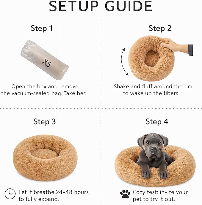 Calming Dog Bed - Fluffy Donut Cuddler for Anxiety Relief, Orthopedic Pet Bed with Non-Slip Bottom, Cozy Round Faux Fur Nest for Dogs and Cats, Plush Crate Mat for Comfort (Camel, Large)