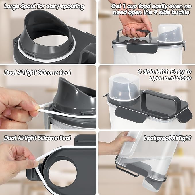 Cat Dog Food Storage Container, Upgraded Large Nozzle,5LBS Plastic Pet Food Storage Container, With 4 Sealed Clasps, 1 Measuring Cup and Handle, Easy to Clean and Carry -2 Pcs Light Gray + Dark Gray