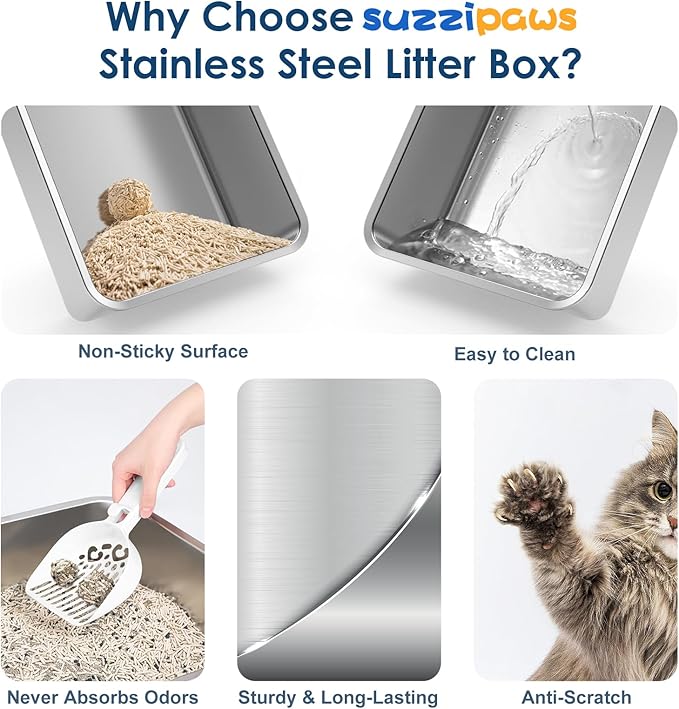 Enclosed Stainless Steel Cat Litter Box with Lid Extra Large Litter Box for Big Cats XL Metal Litter Pan Tray with High Wall Sides Enclosure, Non-Sticky, Anti-Leakage (Grey)
