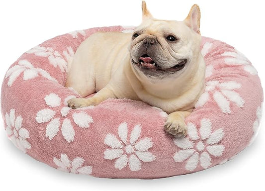 Donut Dog Beds for Small Dogs, Calming Round Cat Beds for Indoor Cats, Cute 3D Textured Flower Pet Bed with Removable Washable Cover and Anti-Slip Bottom（Pink，23"）
