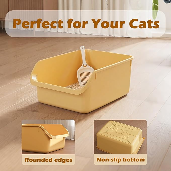 Large Cat Litter Box with High Sides,Cat Boxes for Indoor Cats,Cat Litter Pan for Kitty,Litter Box with Low Entry,Anti-Splashing,Easy to Clean (Grey)