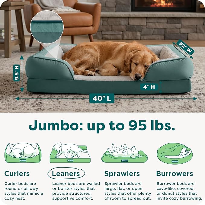 FurHaven Cooling Gel Dog Bed for Large Dogs, Comfort Sofa Bed with Cool Gel-Top Foam and a Solid Orthopedic Foam Base for Joint Support, Washable Cover, Jumbo XL, Plush & Velvet, Celadon Green