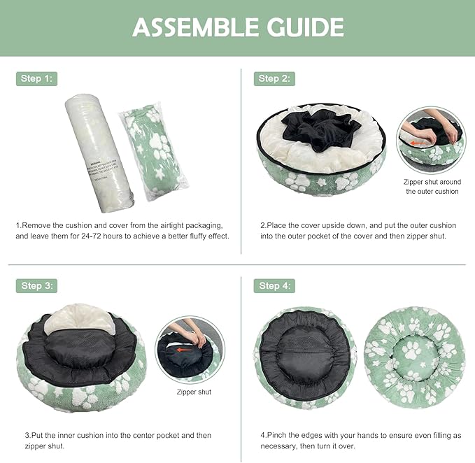 Donut Dog Beds for Small Dogs, Calming Round Cat Beds for Indoor Cats, Cute 3D Textured Paw Pet Bed with Removable Washable Cover and Anti-Slip Bottom（Green，20"）