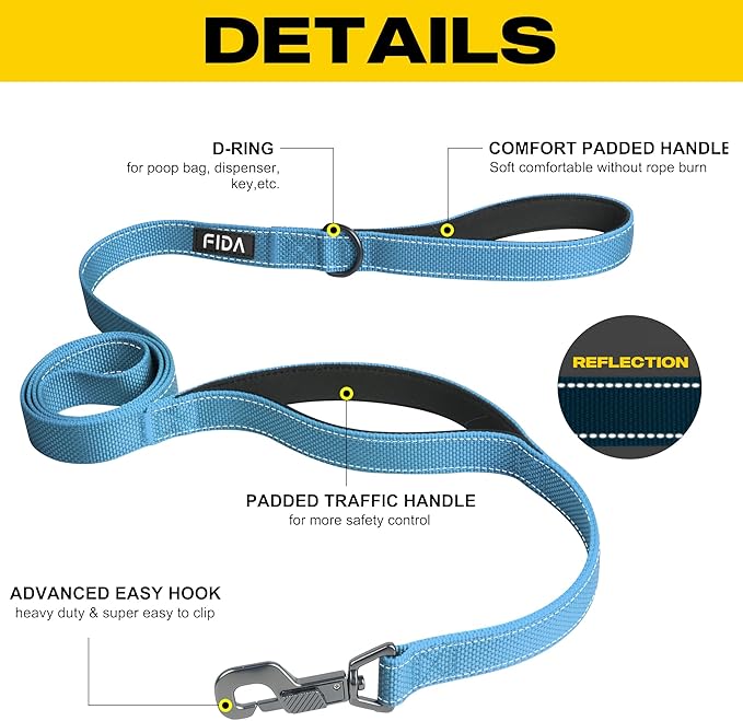 Fida 4 FT Heavy Duty Dog Leash with 2 Comfortable Padded Handles, Traffic Handle & Advanced Easy Snap Hook, Reflective Walking Lead for Large, Medium & Small Breed Dogs, Blue