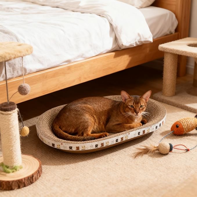 2PCS Large Cat Cardboard Scratcher with Toys, Oval 21.7" x 14.9" Kitty Scratching Board for Indoor Kitten Play Scratch Bed Sofa Furniture Protector